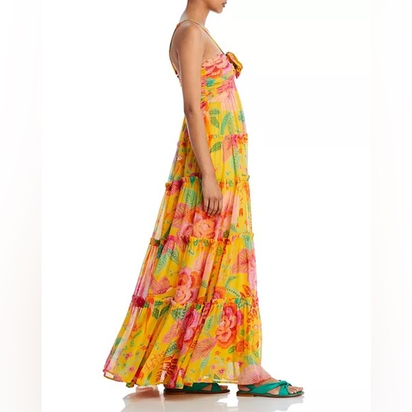 FARM Rio Macaw Bloom Gold and Pink Ruffled Tiered Maxi Dress Size M - Picture 9 of 16